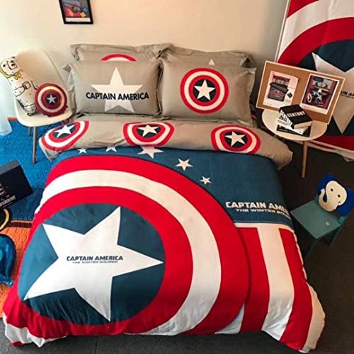 Luxury 3D Marvel Captain America Bedding Set Cartoon Bedding for Kids 100%Cotton Duvet Cover Set 4PC,1Duvet Cover,1Flat Sheet,2Pillowcase King Queen/Full Twin Size（NO Comforter）No Inside Filler