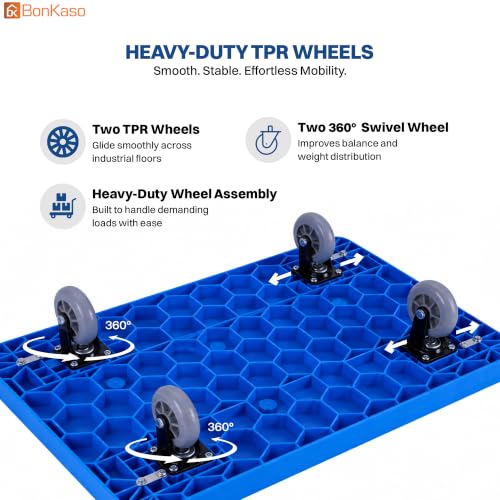 Image of Bonkaso Heavy Duty Platform Truck 500 Kg Load Capacity, Foldable Metal Handle, Blue Anti-Slip Plastic Deck, TPR Wheels, Reinforced Base, Material Handling Trolley for Warehouse & Industrial Use