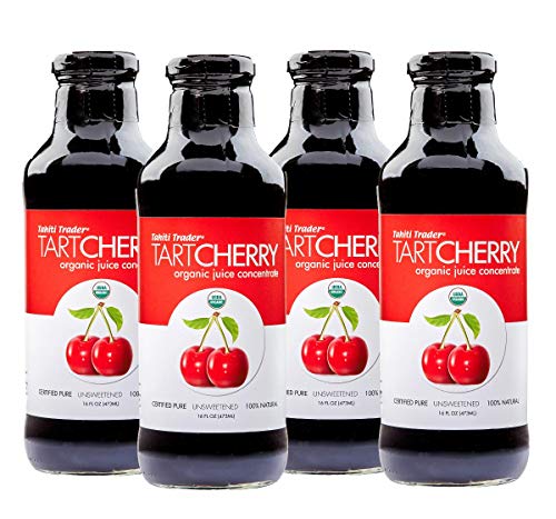TAHITI TRADER Tart Cherry Juice Concentrate - Ready to Drink Organic Superfood Juice Promoting Immune Support & Overall Health - Pure, Unsweetened Fruit Juice - (16 oz, 4 Pack)