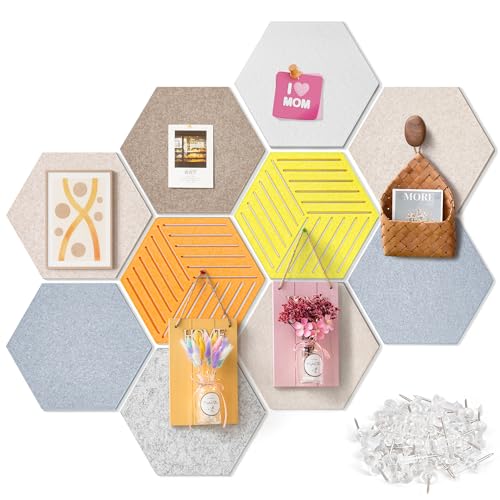 Fwpelt Hexagon Cork Board Tiles Alternative 10 Pack, 1300 g/m² Dense Felt Boards for Walls Decor, 12'' Adhesive Pin Corkboard Prayer Vision Hexagonal Tack Bulletin Board with 30 Push Pins
