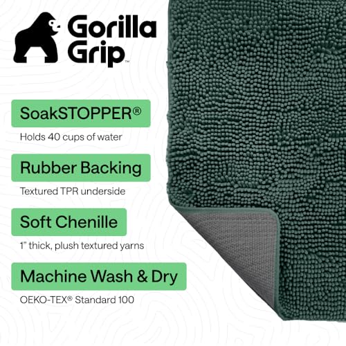 Image of GORILLA GRIP SoakSTOPPER Dog Door Mat, 48x30 Machine Washable Rug Absorbent Doormat Captures Moisture Mud Dirt, Quick Dry Soft Chenille Entryway Rugs Indoor Entrance Mats for Dog Paws, Deep Green