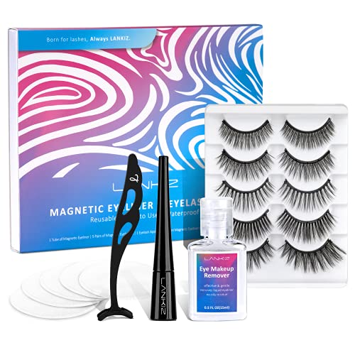 LANKIZ Magnetic Eyelashes with Eyeliner Kit, 5 Pairs Natural Looking Faux Mink Magnetic lashes, 1 Tube Magnetic Eyeliner, Unique Magnetic Eyeliner Remover & Applicator Tool