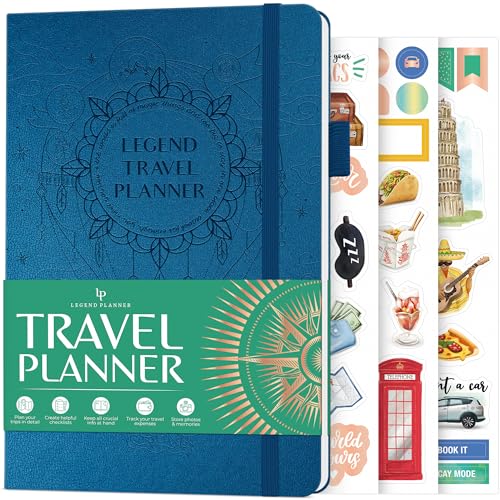 Legend Travel Planner – Vacation Itinerary Organizer for Solo Travel & Couples – Travelling Journal for Women & Men – Traveling Log with Expense Tracker & Packing List – Hardcover (Mystic Blue)