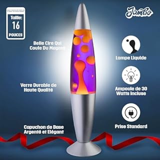 Jambo Lampe à mouvement liquide 16" – Pourpre avec cire jaune/orange – Lumière relaxante, lampe décorative pour salon, bureau ou chambre, veilleuse pour adultes, ados et enfants