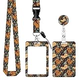 ID Badge Holder with Retractable Badge Reel Clip and Lanyard, Cute Card Name Tag Lanyard Vertical ID Protector Bage Clips for Nurse Doctor Teacher Student(Cute Funny Squirrel and Leaves)