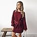 PRETTYGARDEN Women’s Elegant Long Lantern Sleeve Short Dress Crewneck Tie Waist Knit Cocktail Dress Wine Red