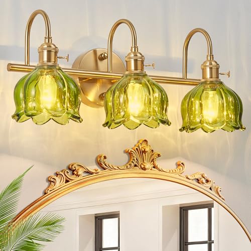 Image of Bathroom Light Fixtures Over Mirror,3-Light Brushed Gold Vanity Lights with Green Tulip Glass Shades,Vanity Lighting Fixtures for Bathroom Bedroom Kitchen Living Room Hallway
