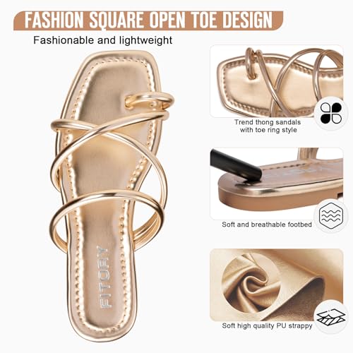 Image of FITORY Women's Slide Sandals Flat Toe Ring Thongs with Cross Strap for Summer Size 9 Gold
