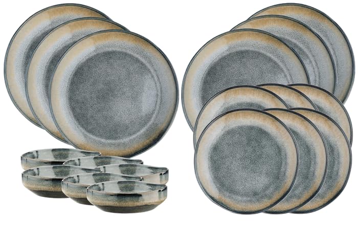 BJORN Service de vaisselle GENESIS Les Essentiels – Service de table 18 pièces pour 6 personnes en grès émaillé réactif, collection TERRE
