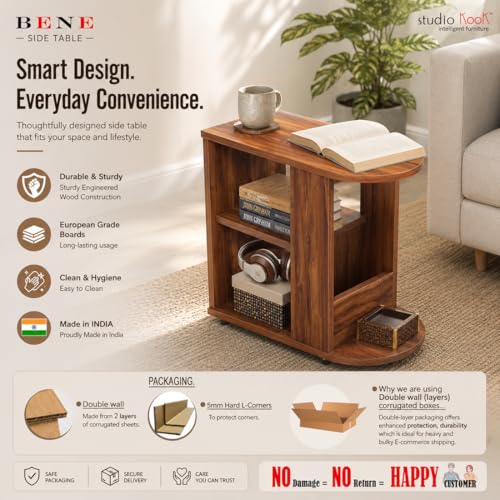 Image of Studio Kook Bene Engineered Wood Side Table | End Table with Storage, Matte Finish, DIY (DO IT Yourself) Assembly (Amber Walnut)