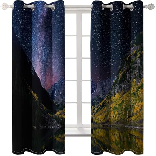 Homxi Cortinas Blackout 2 Piezas,2 x 244W x 274H CM,Cortinas de Balcón con Ojales Paisaje de Cielo Estrellado Lago y Montaña Cortina para Ventanas Azul Púrpura Verde