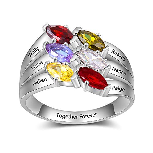 OPALSTOCK Personalized Mother Rings with 6 Simulated Birthstones for Mom Grandmother Engraved Name Rings Anniversary Rings for Mothers Day (6)