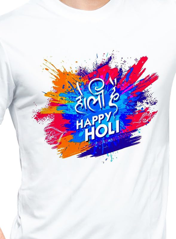 Image of Knitted Polycotton Fabric Regular Fit Men Boys Half Sleeve T-Shirt for Festival of Holi Style 3 White Size : Free