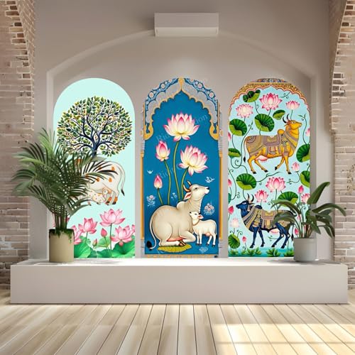 Image of Ridit Creation Traditional Indian Cow & Lotus Wall Poster Set of 3 | Sacred Cow, Lotus Flower and Tree Arch Artwork | Spiritual Mandir Wall Decor Posters for Living Room, Bedroom, Pooja Room | Decorative Multicolor Wall Art Posters