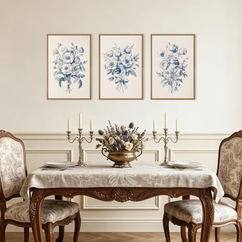 Image of KAIRNE Navy Blue Floral Framed Canvas Wall Art Set,Vintage Botanical Flower Wall Decor,Modern Minimalist Bouquet Art Prints,Neutral Rose Artwork for Living Room,Bedroom,Farmhouse,Office-24 x36 x3