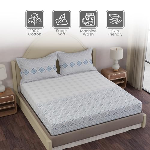 Image of Layers 100% Cotton King Size Bedsheet Set | Blue & White Ethnic Print | 120 TC Forever Collection | Soft & Breathable | Washable Bedsheet with 2 Pillow Covers | All Season