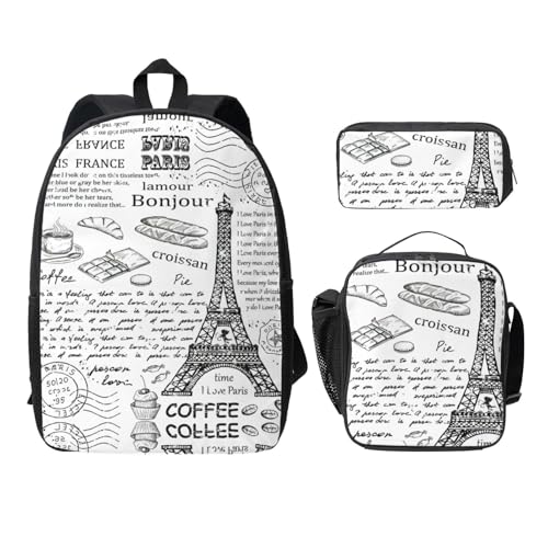 Mochila de París para instituto con juego de lonchera y estuche escolar negro