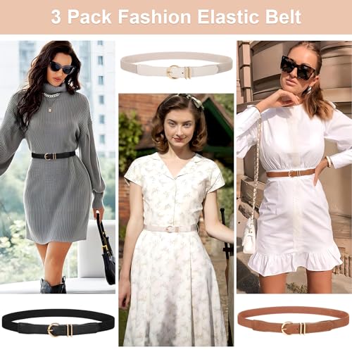 WERFORU 2 Pack Women’s Skinny Elastic Waist Belt With Gold Buckle Thin Stretchy Belt for Dress Jeans4
