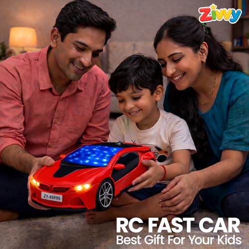 Image of Red Rechargeable Remote Control Car Toy, RC Racing Vehicle for Children, High Speed, 3D LED Light Car, Kids Battery Car, RC for Boys & Girls, Toys for Kids, Birthday Gift for Boys and Girls
