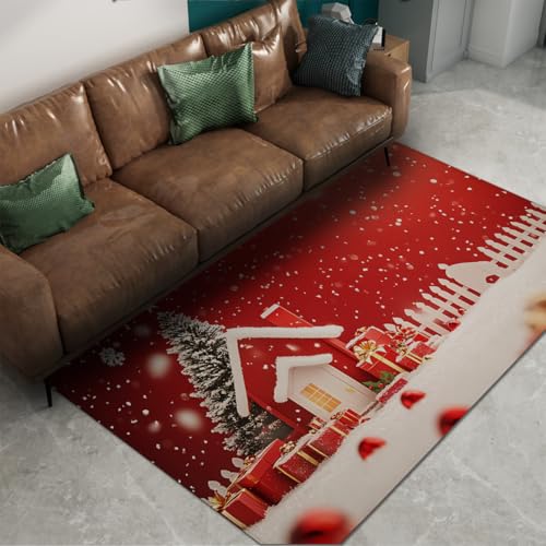 Tapis Noël rouge chalet enneigé fin doux lavable 100x150cm