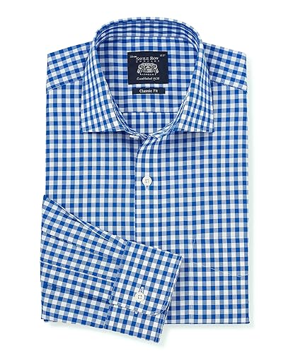 THE SAVILE ROW COMPANY LONDON Men's Classic Fit Cotton Poplin Long Sleeve Formal Dress Shirt - Single Cuff - Bold Blue Gingham Check - 16.5" Collar - Standard