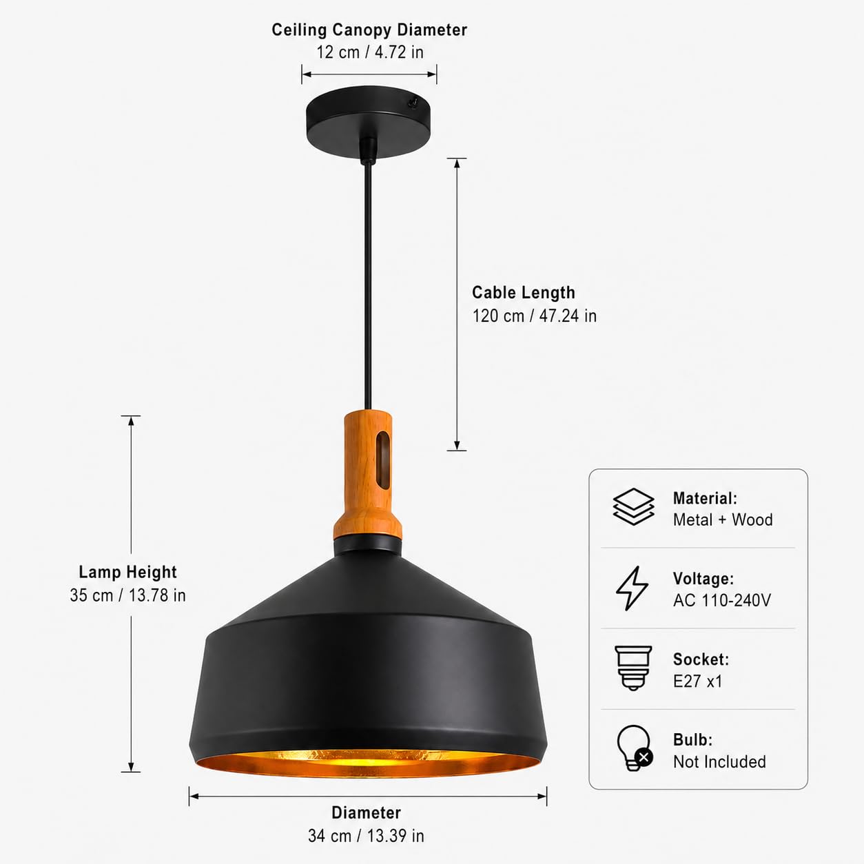 Nowoczesna czarna lampa wisząca przemysłowa z drewnianymi akcentami, metalowa lampa wisząca z regulowanym przewodem i gniazdem E27 na wyspę kuchenną, jadalnię, sypialnię, salon, korytarz i
