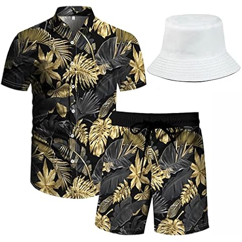 RPOVIG Beach Outfit Matching Shirts Shorts Men's Hawaiian Festival Floral Clothes 6 piece Sets with Bucket Hat Cover