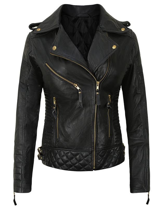SpazeUp Women's Vintage Cafe Racer Leather Jacket - Black Biker Motorcycle Riding Jacket Women Leather Blazer