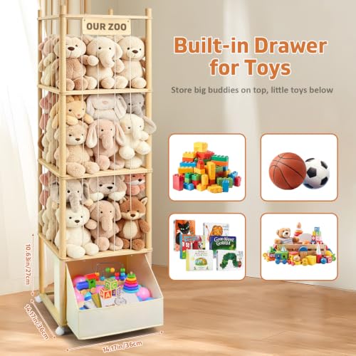 Image of Large Stuffed Animal Storage with Toys Tray, Wood Stuffed Animal Zoo Storage with Brake Wheels, Large Capacity Stuffed Animal Holder, Perfect for Nursery Playroom Kidroom Bedroom
