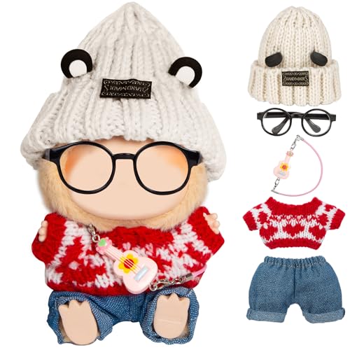 5 Pieces Doll Clothes for Labubu - Kawaii Chic Style Set for 17cm Dolls, Cute Doll Outfit with Accessories - Grey Bear Ears Hat + Red Sweater + Blue Jeans + Glasses + Small Guitar (Clothes Only)