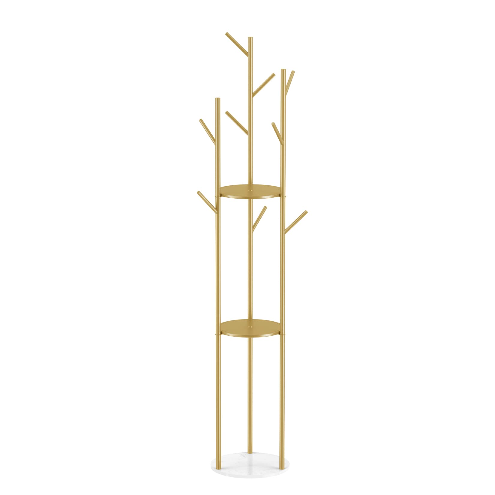unho Stand Appendiabiti Attaccapanni da Terra: Oro Appendiabiti da ingresso con 3 Ripiani Moderno Appendi abiti Elegante in Metallo e Marmo Base 172,5x32cm