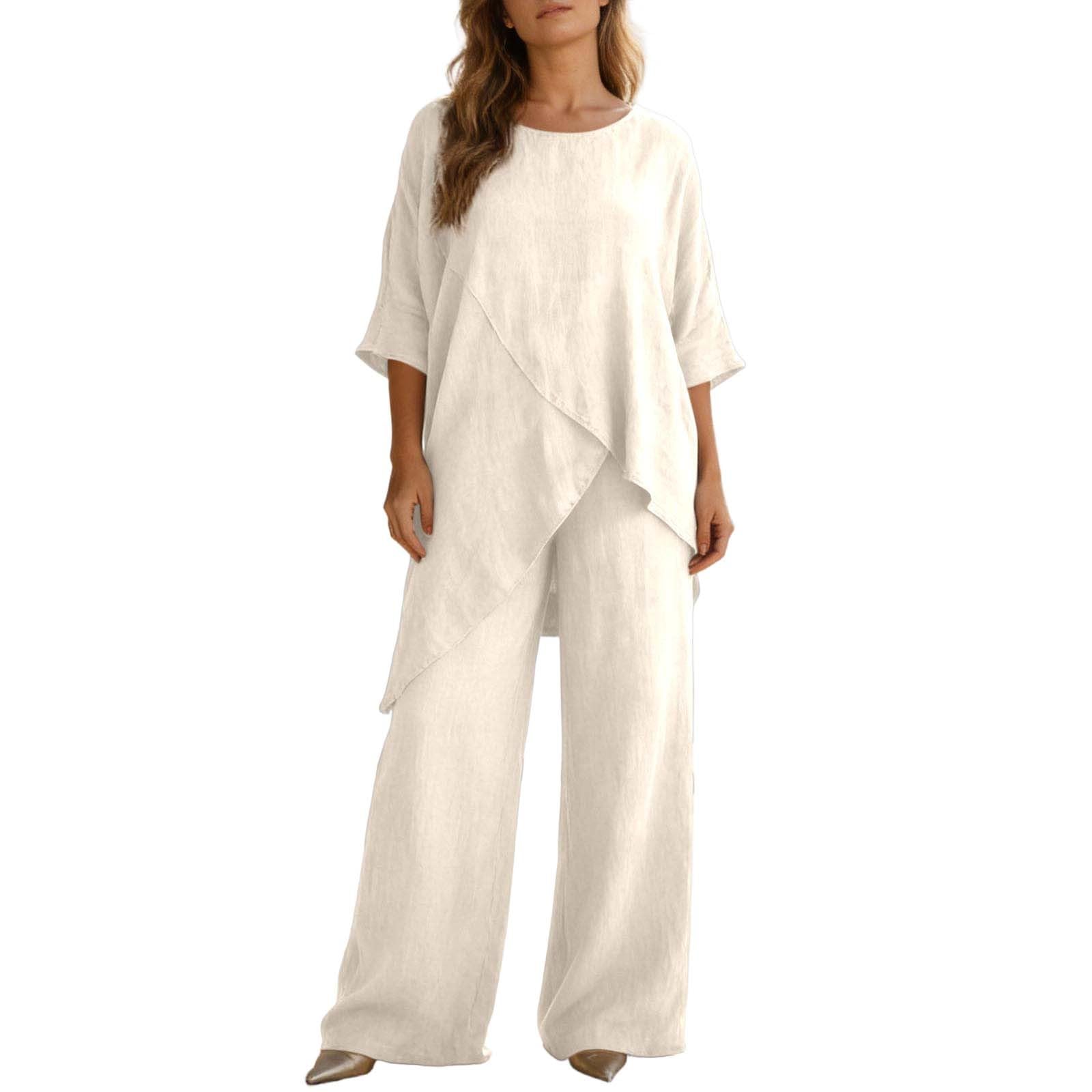 Generisch Conjunto de 2 piezas para mujer, color negro, manga 3/4 con cuello redondo, pantalones anchos, dobladillo asimétrico, juego de lino, elegante para el hogar, traje de madrina para boda