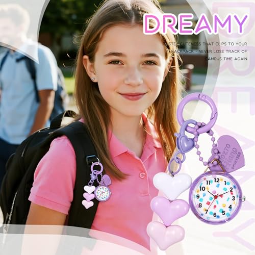 JewelryWe Karabineruhr Kinder Taschenuhr mit Karabiner: Lila Analog Quarz Uhr mit Herz Anhänger Schlüsselanhänger Outdoor Sport Clip auf Uhr für Mädchen Jugendliche und Studenten