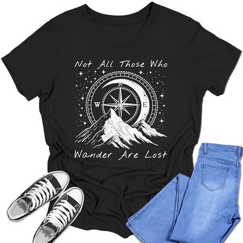 Girl's Short Sleeve Graphic Tees Cute Hiking Not All Those Who Wander are Lost Shirt Casual Fall Tops
