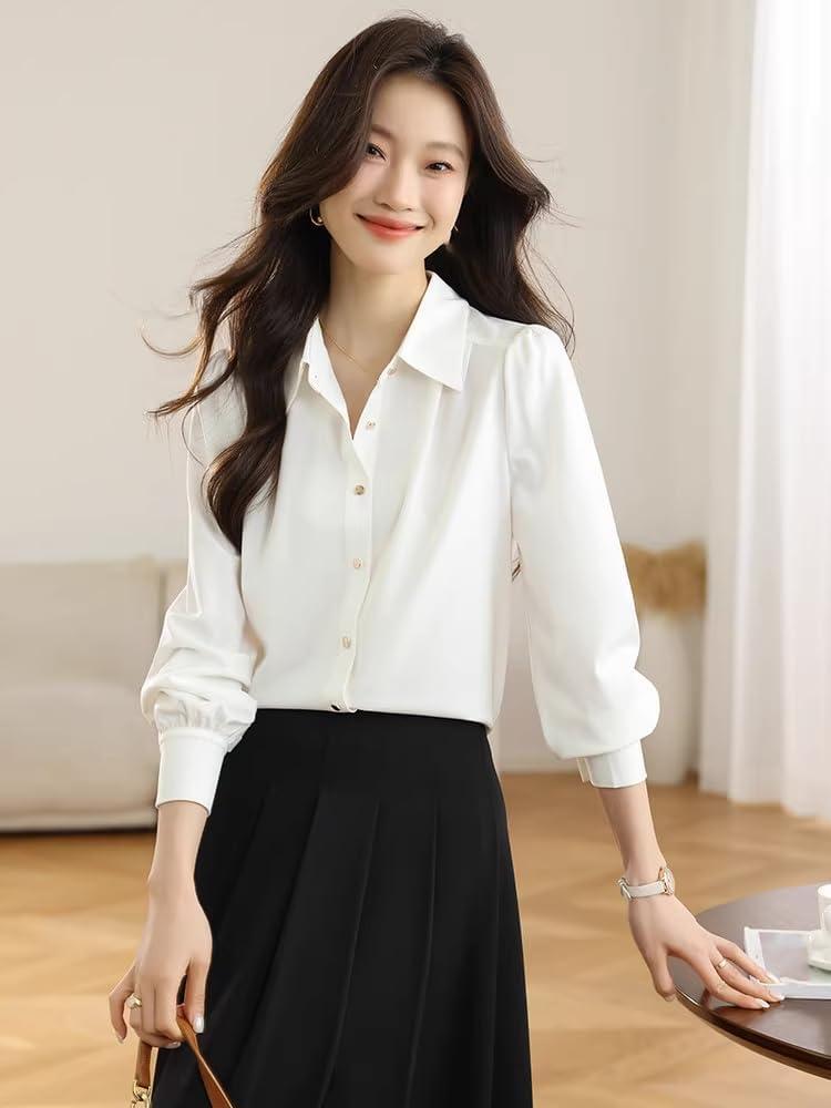 Womens Dressy Business Casual Blouse White Fall French Style Workwear Silk Satin Shirt for Women