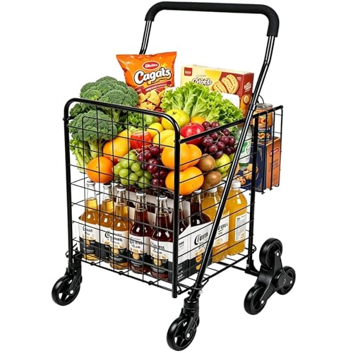 Kiffler Grocery Shopping Cart with 360° Rolling Swivel Wheels Stair Climber Utility Cart Easily Collapsible Cart with Tri-Wheels, Max 100 LBS Capacity Trolley for Stair, Laundry, Travel (Black)