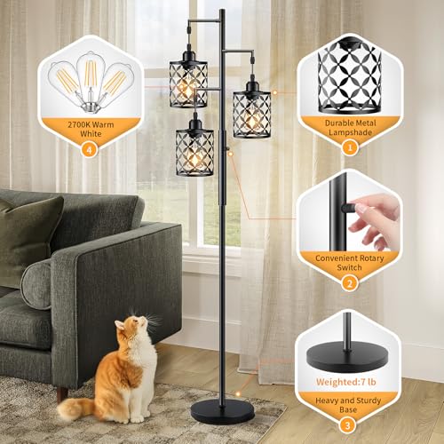 【Upgraded】72" Tall Dimmable Floor Lamp, Farmhouse Standing Lamp with Elegant Metal Cages, Industrial Tree Floor Lamps for Living Room, Bedroom, Study Room, Office (3 x 800LM LED Bulbs Included) -Black - Image 6