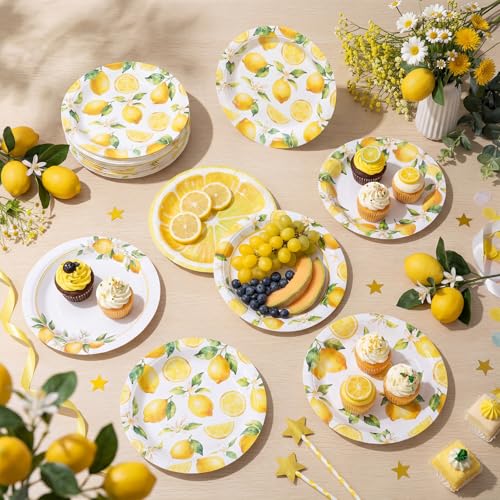Image of Funnymoom 60 Pcs 7 Inch Lemon Party Paper Plates Lemonade Theme Decorations Fruit Dessert Plates Summer Disposable Tableware Dinnerware Set for Baby Shower Birthday Party Supplies