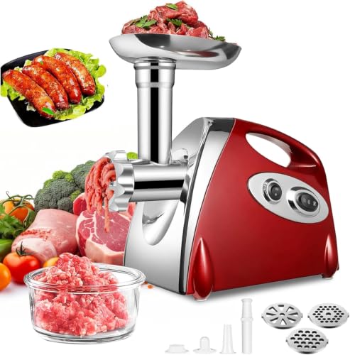 SINZUX Hachoir a Viande Électrique, 2800w, Meat Grinder avec 3 Plaques de Coupe (en Acier Inoxydable), Pour la Préparation Saucisses, Boulettes etc., Rouge