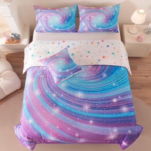 Image of Twin Bedding Set for Girls, Purple Glitter Stars Comforter Set for Girls, Galaxy Bedding Sets Twin Size