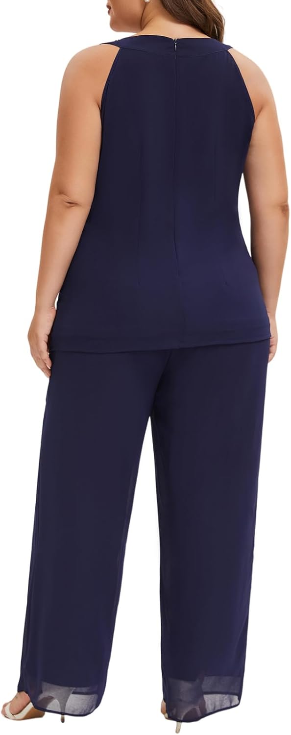 Plus Size Mother of Bride Pant Suits 3 Piece Chiffon Sets Hand Sewn Diamonds Wedding Guest Outfit - Image 5