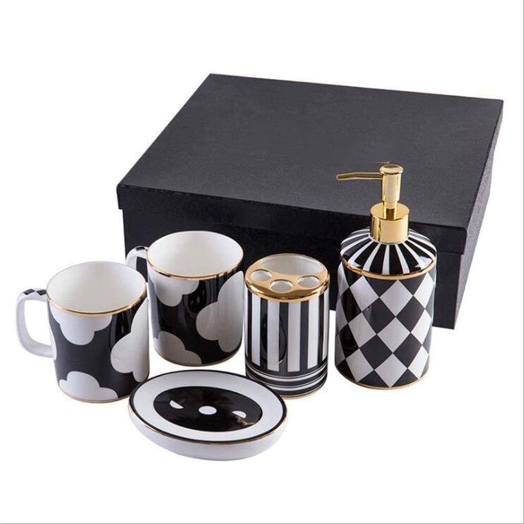 Badezimmer Set Seifenspender Set 5-teiliges Badezimmer-Zubehör-Set Aus Keramik, Seifenspender, Mundwasserbecher, Seifenschale, Zahnbürstenhalter, Toilettenartikel-Set Deko Badezimmer (Color : A, Siz