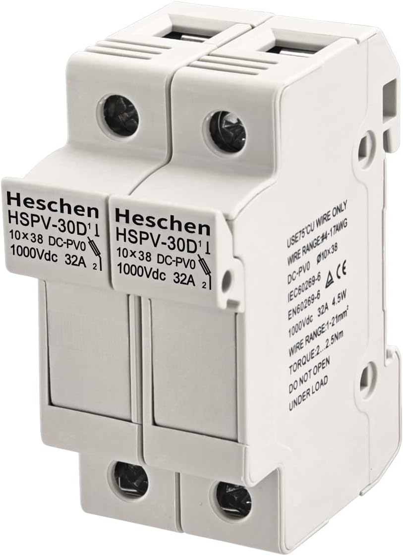Heschen Solar/Photovoltaic Fuse Holder, PV Holder, HSPV-30D, DC1000V 32A, 2 Pole, 35mm DIN Rail Mounting, for HSPV-30 ST-10PV 10 * 38mm Fuse, CE Listed (1)