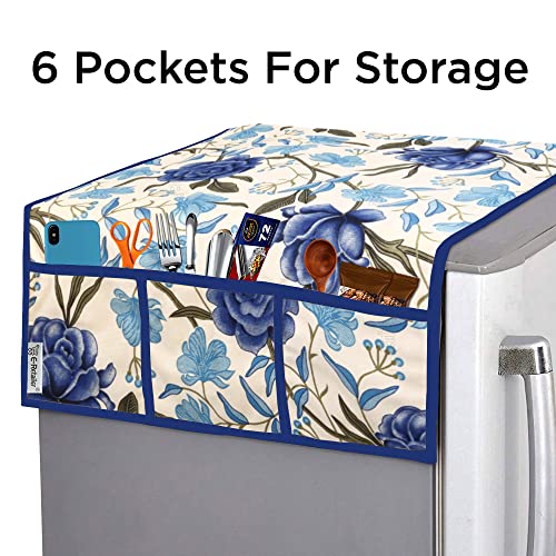 Image of Polyester 3-Layered Fridge Top Cover /Refrigerator Cover With Utility Pockets and Set of 4 Pc. Fridge Mats (Color-Blue, Size -39x21 Inches)