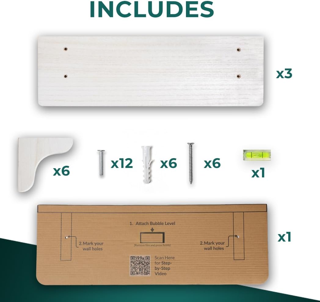 Real Wood White Shelves for Wall - 17 inch (3 Pack) - Easy to Install, Template and Video Included - White Wall Shelves, Shelves for Room, Decorative Wall Shelf