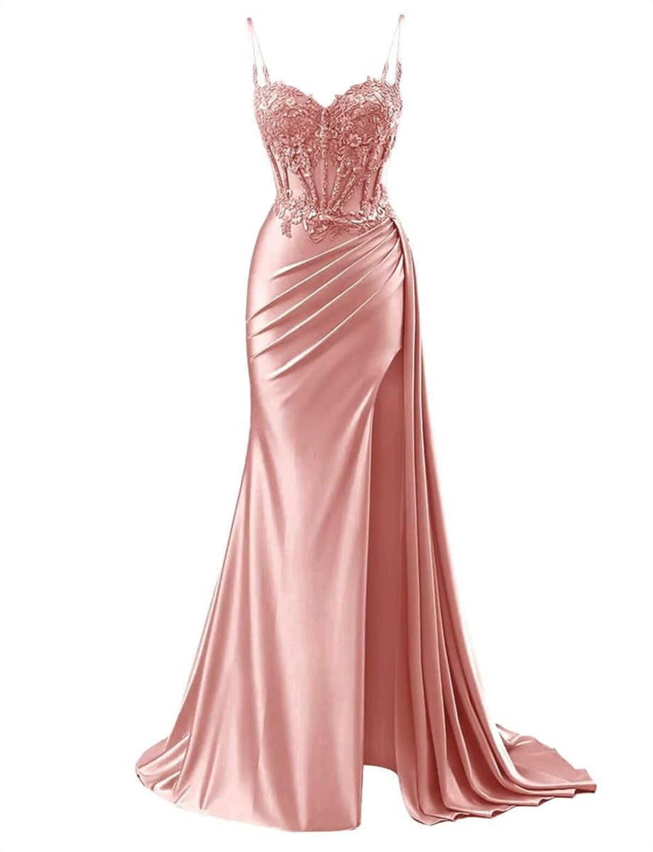 WSEYU Spaghetti Straps Formal Evening Prom Gowns Ruched Casual Wedding Dresses for Women Backless Lace Up Dusty Rose UK20