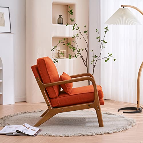 Image of Karl home Mid-Century Modern Accent Reading Chair, Burnt Orange | Linen Upholstered, Solid Wood Frame, Soft Cushion, Lumbar Pillow, Lounge Armchair for Living Room, Bedroom, Balcony, Study