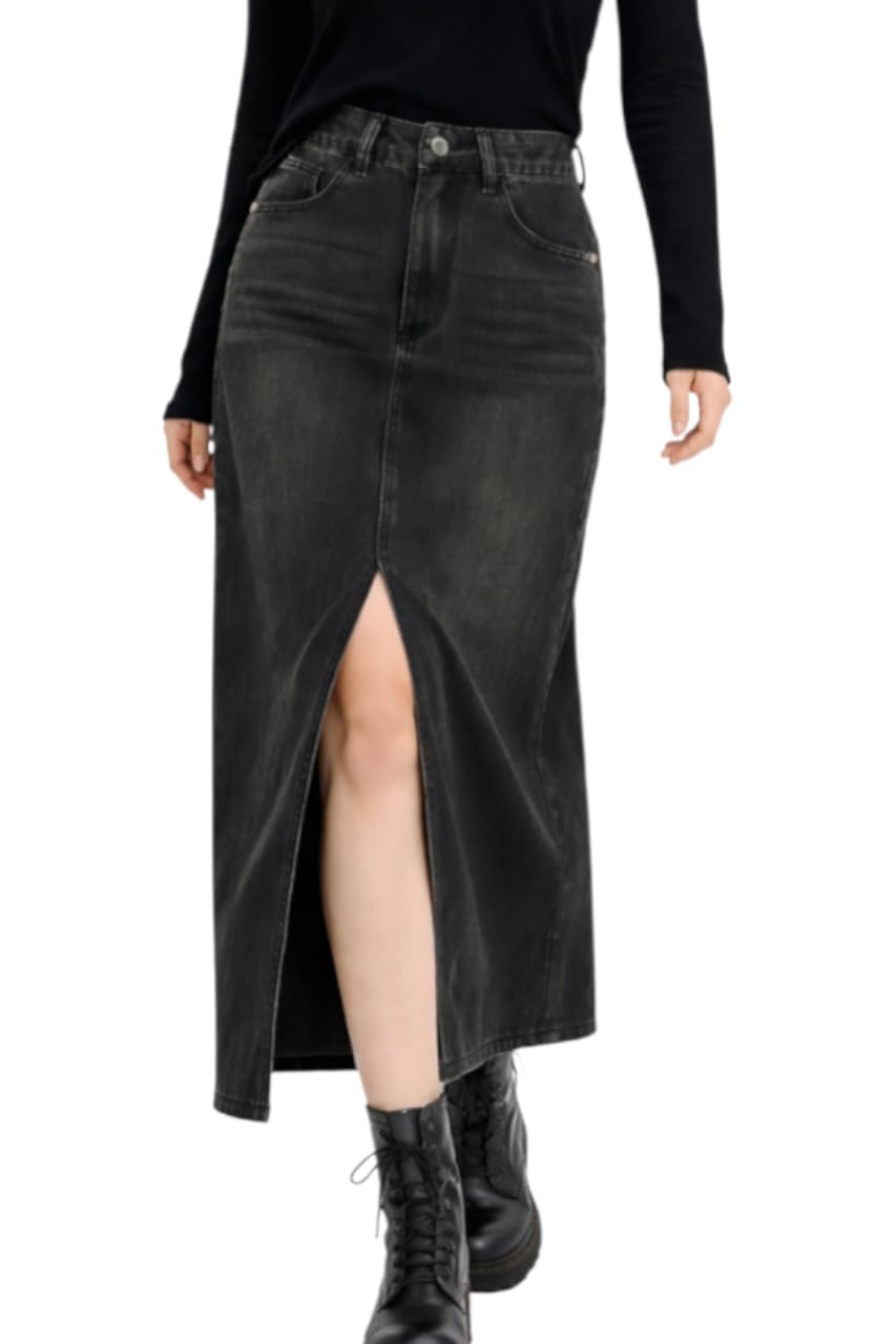 oddmonkey Women High Waist Denim Skirt | Skirt for Women | Long Straight Fit Skirt |Long Skirt for Women-picture-46