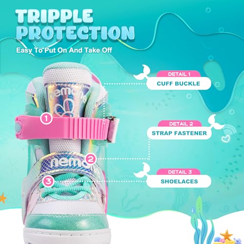 Image of NEMONE Mermaid 4 Size Adjustable Light up Roller Skates for Girls, Green Rose Skates for Toddlers, Beginner Kids Roller Skates Indoor Outdoor (Green L)