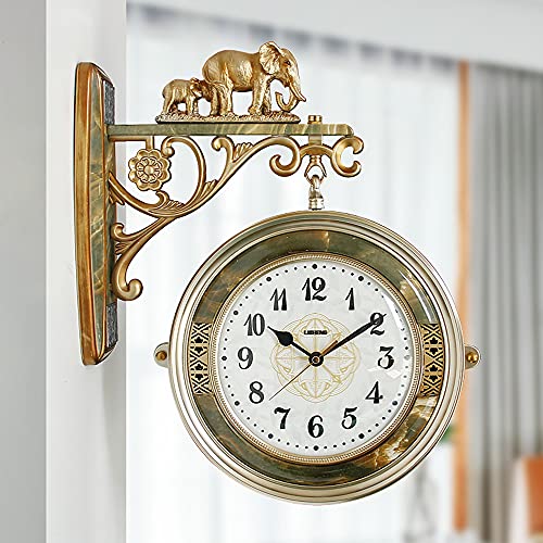 壁掛け時計、アメリカン両面リビングルーム雰囲気サイレントヨーロピアンスタイルクォーツ両面時計クリエイティブ家庭用懐中時計装飾時計、エレファントホワイト